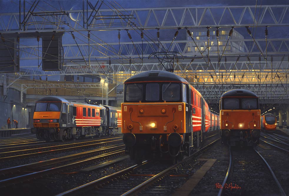 Painting of Virgin class 90, 86 and 87s at Euston