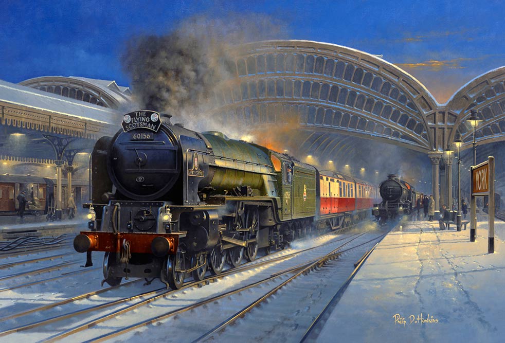 Painting of The Flying Scotsman train at York station